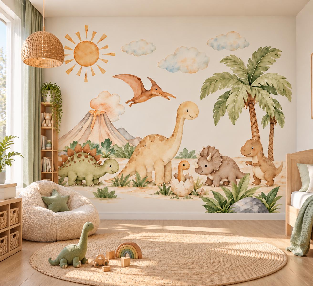 Watercolor Dinosaur Nursery Wall Decals, Neutral Jungle Animals (Peel & Stick)