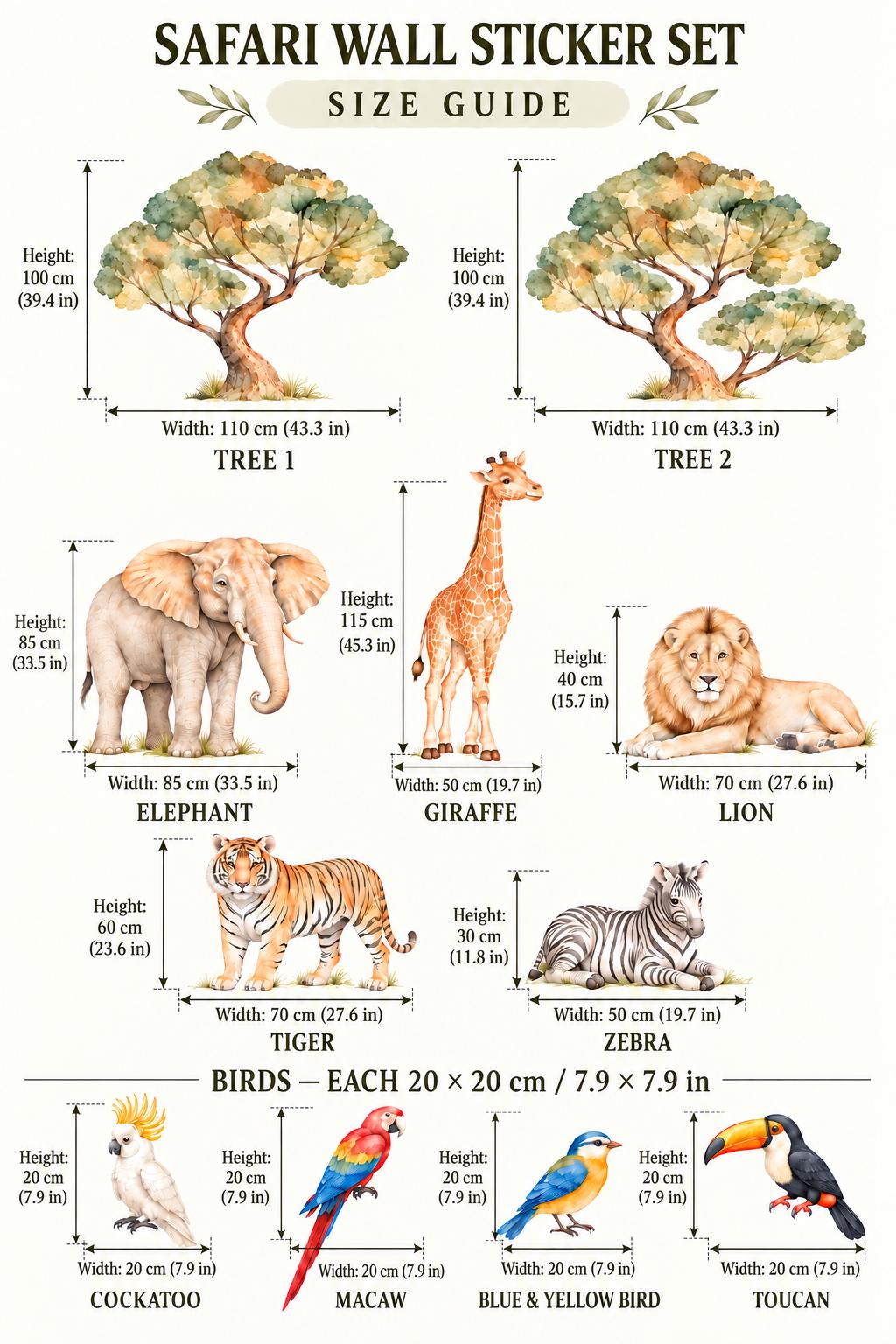 Watercolor Safari Jungle Animals Wall Vinyl Stickers for Nursery – Neutral Baby Room Decor