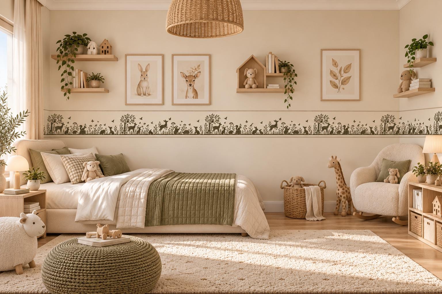 Sepia Woodland Wall Border, Peel and Stick Forest Wallpaper, Deer and Fox Nursery Decor, Vintage Kids Room Wall Decal
