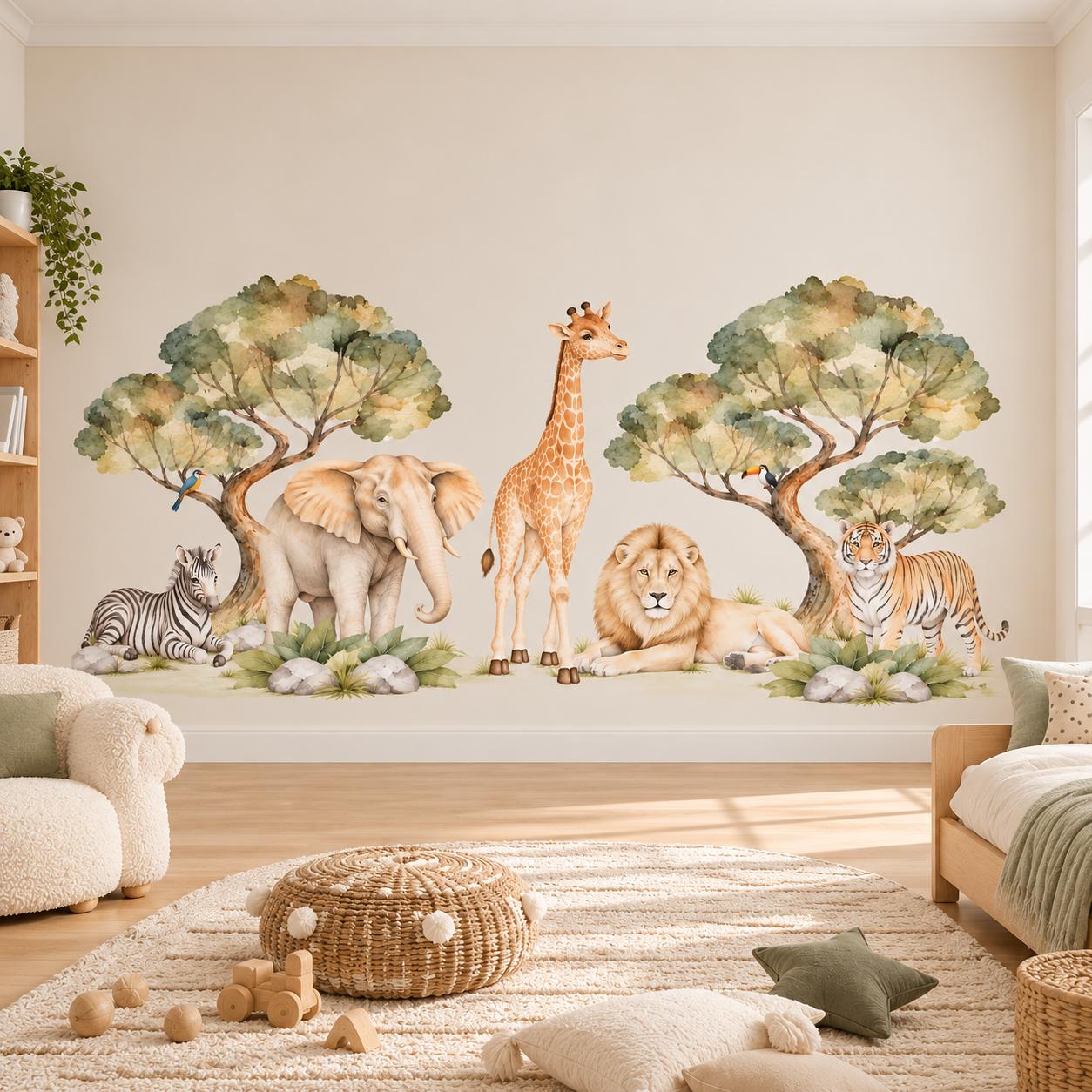 Watercolor Safari Jungle Animals Wall Vinyl Stickers for Nursery – Neutral Baby Room Decor